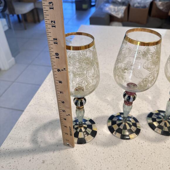 MacKenzie Childs Blooming Wine Glasses Goblet Courtly Check Set Of 3 Designer - Picture 13 of 15